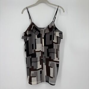 Halogen‎ Sz M Ruffle Tank Cami Abstract Print Geometric Trim Zipper Blouse Y2K